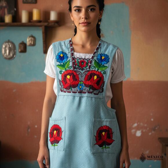Greens Mexican Embroidered Apron – Basic Handmade Apron with Floral Design - Picture 9 of 13